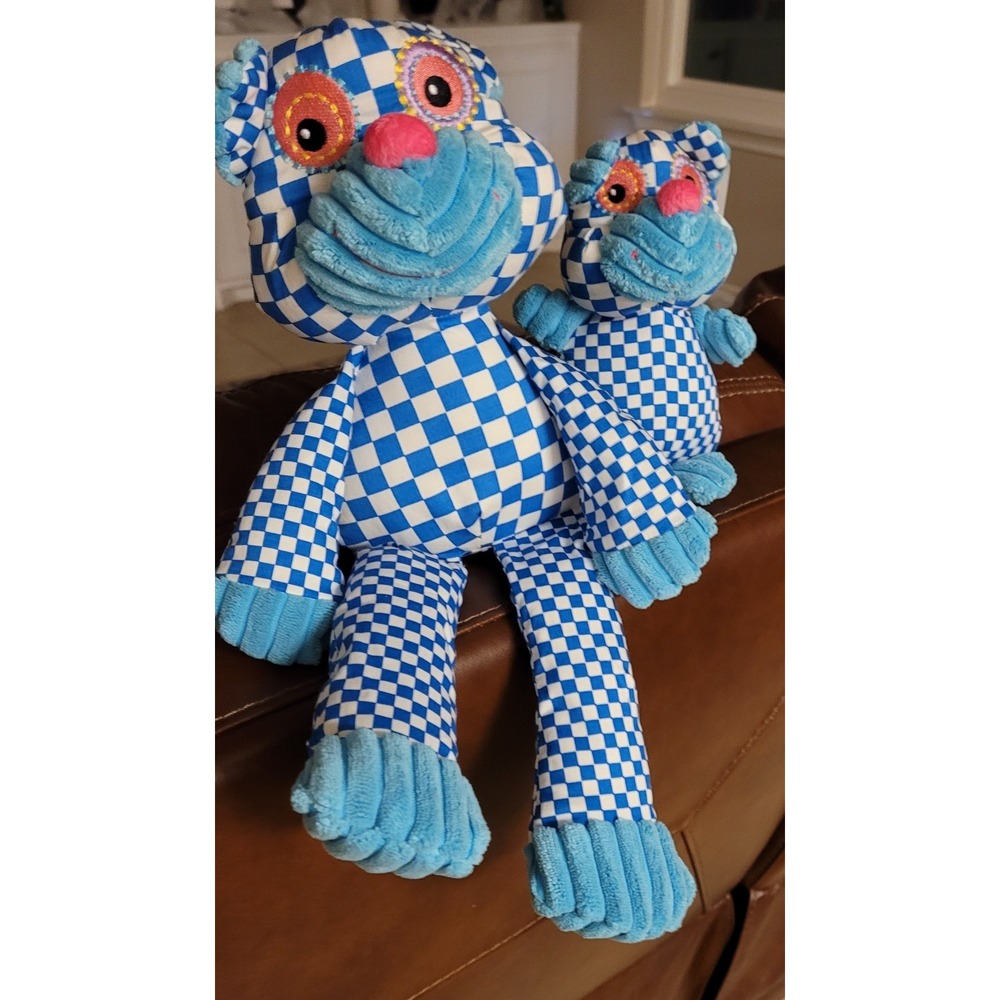 NWT 2 Gund Stuffed Animals. Blue & White Plaid. Multi colored eyes Unique Design